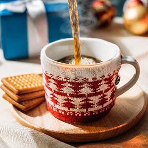 Sweater Mug Winter Cozy Gift Idea Red & White Tree Gift Mugs - Holiday Seasonal Gift, 14oz 3.5" Removable Crochet Winter Season Cup, Cute Merry Santa, Reindeer, Snowman, Snowflake Design