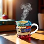 WACOI Small Glass Coffee Mugs, 7oz Espresso Cappuccino Latte Tea Cups with Handle, Painted Book Coffee Cup for Readers, Bookworm, Ideal Gift for Christmas, Birthday