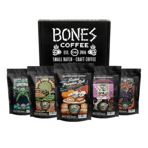 Bones Coffee Company Fall Favorites Pack, 5 Assorted Flavored Coffee Low Acid Medium Roast Arabica Beans Specialty Coffee Gifts, Auto Drip and French Press Compatible, 4 oz Pack of 5 Whole Bean