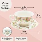 Sparkle and Bash Vintage Floral Tea Cups & Saucers Set for Tea Parties, Bridal Showers, Garden Parties, Brunch, Afternoon Teas & Receptions (Blue, Pink, 8oz)