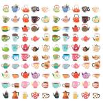 100pcs Tea Cup Stickers, Tea Party Stickers Tea Party Favors Tea Party Decorations Tea Stickers for Kids Little Girls Boys Adult Teen Party Decoration