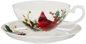 Gracie Bone China by Coastline Imports Cardinal Poinsettia Bone China Set of 4 Teacup and Saucer, 9-Ounce, Red
