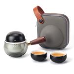 Portable Teapot Tea Set, Travel Ceramic Kungfu Tea for One Set, A Minimalist Cute Look Detachable Side-handle Tea Pot with 2 cup for Tea Lovers Home Hotel Office Outdoor Picnic (Black)