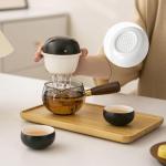 Portable Teapot Tea Set, Travel Ceramic Kungfu Tea for One Set, A Minimalist Cute Look Detachable Side-handle Tea Pot with 2 cup for Tea Lovers Home Hotel Office Outdoor Picnic (Black)