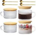 LOSYHU 14 Oz Vintage Coffee Mugs Glassware Set of 4 Clear Embossed Tea Cups With Bamboo Lids and Spoons, Hobnail Glass Coffee Mugs Gifts for Women, Overnight Oats