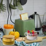 LOSYHU 14 Oz Vintage Coffee Mugs Glassware Set of 4 Clear Embossed Tea Cups With Bamboo Lids and Spoons, Hobnail Glass Coffee Mugs Gifts for Women, Overnight Oats