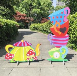 Alice Party Decorations Wonderland Yard Decor,Garden Tea Party Decorations Yard Stakes Stand Set, 1 Set Stacked Teacups and 1 Set Teapot with Brackets