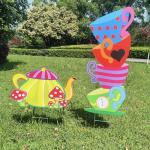 Alice Party Decorations Wonderland Yard Decor,Garden Tea Party Decorations Yard Stakes Stand Set, 1 Set Stacked Teacups and 1 Set Teapot with Brackets
