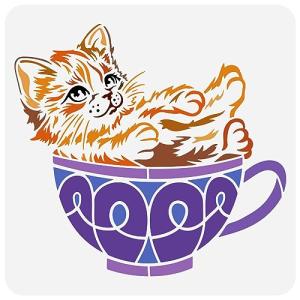 FINGERINSPIRE Teacup Cat Painting Stencil 11.8x11.8 inch Cute Kitten Drawing Stencil Tea Cups Plastic Stencil Animal Theme Craft Stencil for Painting on Wall Furniture DIY Home Decor