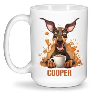 Personalized Doberman Pinscher Coffee Mugs, Happy Dog Themed Tea Cups, Novelty Doberman Pinscher Drinking Mugs, Customized Name Cup Gift Dog Owners, Animal Lovers Cup 11Oz Or 15Oz