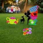 Alice Party Decorations Wonderland Yard Decor,Garden Tea Party Decorations Yard Stakes Stand Set, 1 Set Stacked Teacups and 1 Set Teapot with Brackets