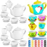 PullCrease 45 Pcs Spring Paint Your Own Tea Kit Craft DIY Tea Kit for Kids Ages 8+ Mini Ceramic Tea Cups to Paint Including Porcelain Dishes Brush for Party Girls Boys SetStylish Style