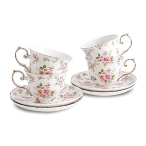 Agyiuns tea cups and saucers ceramic coffee mug 6oz for Coffee, Latte, Cafe Mocha and Tea-Set of 4, white with flowers
