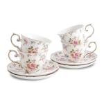 Agyiuns tea cups and saucers ceramic coffee mug 6oz for Coffee, Latte, Cafe Mocha and Tea-Set of 4, white with flowers