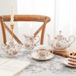 Agyiuns tea cups and saucers ceramic coffee mug 6oz for Coffee, Latte, Cafe Mocha and Tea-Set of 4, white with flowers