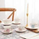 Agyiuns tea cups and saucers ceramic coffee mug 6oz for Coffee, Latte, Cafe Mocha and Tea-Set of 4, white with flowers