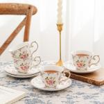 Agyiuns tea cups and saucers ceramic coffee mug 6oz for Coffee, Latte, Cafe Mocha and Tea-Set of 4, white with flowers