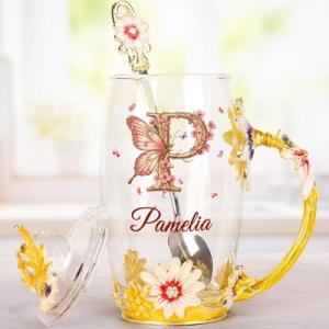 Monogram Cup Custom Name Tea Cup - Personalized Enamel Flower Tea Cup, Custom Personalized Flower Monogram Initial Letter and Name Tea Cup, Gifts for Women Girl on Birthday Anniversary Wedding