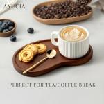 AYUCIA 8OZ Coffee Cup with Solid Wood Tray for Tea/Coffee Break, Ceramic Mug with Acacia Serving Saucer and Spoon, White Cream Tea Cup with 9.4inch Wooden Plate for Cappuccino Latte Dessert Breakfast