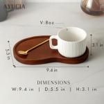 AYUCIA 8OZ Coffee Cup with Solid Wood Tray for Tea/Coffee Break, Ceramic Mug with Acacia Serving Saucer and Spoon, White Cream Tea Cup with 9.4inch Wooden Plate for Cappuccino Latte Dessert Breakfast