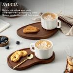 AYUCIA 8OZ Coffee Cup with Solid Wood Tray for Tea/Coffee Break, Ceramic Mug with Acacia Serving Saucer and Spoon, White Cream Tea Cup with 9.4inch Wooden Plate for Cappuccino Latte Dessert Breakfast