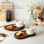AYUCIA 8OZ Coffee Cup with Solid Wood Tray for Tea/Coffee Break, Ceramic Mug with Acacia Serving Saucer and Spoon, White Cream Tea Cup with 9.4inch Wooden Plate for Cappuccino Latte Dessert Breakfast
