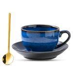 Porcelain Coffee Cup with Saucer Spoon, Vintage Design Ceramic Latte Art Cappuccino Barista Espresso Tea Cup with Saucer (11.6 oz, 350ml, Starry Blue)