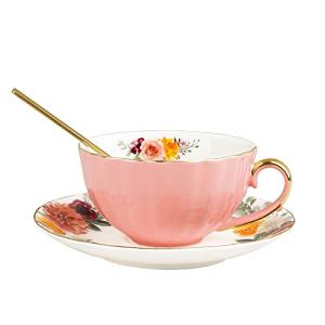 fanquare English Pink Tea Cup, Floral Porcelain Tea Cup with Spoon, Ceramic Tea Cup and Saucer Set, 7 Ounce