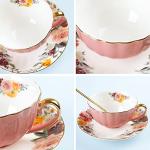 fanquare English Pink Tea Cup, Floral Porcelain Tea Cup with Spoon, Ceramic Tea Cup and Saucer Set, 7 Ounce