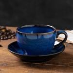 Porcelain Coffee Cup with Saucer Spoon, Vintage Design Ceramic Latte Art Cappuccino Barista Espresso Tea Cup with Saucer (11.6 oz, 350ml, Starry Blue)