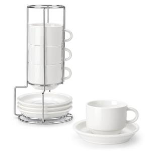 MALACASA 8 OZ Porcelain Espresso Cups with Saucers and Metal Stand Set of 4, Stackable Cappuccino Cups, White Expresso Shots Cup Set for Coffee Drinks, Latte, Tea