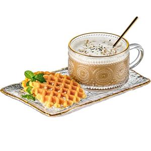 Gezzeny Vintage Coffee Mugs Set, Glass Cups Set with Saucer and Spoon, Clear Embossed Tea Breakfast Dessert Plate for Cappuccino, Latte, Cereal, Milk, Home Office Party, Golden, 3 Piece