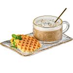 Gezzeny Vintage Coffee Mugs Set, Glass Cups Set with Saucer and Spoon, Clear Embossed Tea Breakfast Dessert Plate for Cappuccino, Latte, Cereal, Milk, Home Office Party, Golden, 3 Piece