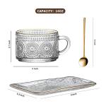 Gezzeny Vintage Coffee Mugs Set, Glass Cups Set with Saucer and Spoon, Clear Embossed Tea Breakfast Dessert Plate for Cappuccino, Latte, Cereal, Milk, Home Office Party, Golden, 3 Piece