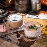 Gezzeny Vintage Coffee Mugs Set, Glass Cups Set with Saucer and Spoon, Clear Embossed Tea Breakfast Dessert Plate for Cappuccino, Latte, Cereal, Milk, Home Office Party, Golden, 3 Piece