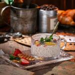 Gezzeny Vintage Coffee Mugs Set, Glass Cups Set with Saucer and Spoon, Clear Embossed Tea Breakfast Dessert Plate for Cappuccino, Latte, Cereal, Milk, Home Office Party, Golden, 3 Piece