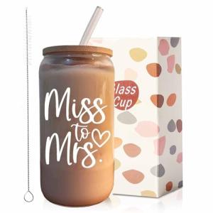 MEOGUTYI Bridal Shower Gift, Miss To Mrs Funny Glass Cup, Customized Personalized Gift for Her, 16 oz Can Shaped Glass Cups With Lids and Straws
