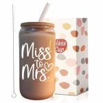 MEOGUTYI Bridal Shower Gift, Miss To Mrs Funny Glass Cup, Customized Personalized Gift for Her, 16 oz Can Shaped Glass Cups With Lids and Straws