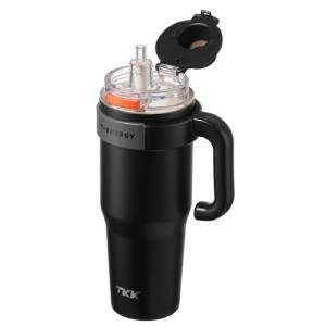 TKK 40 oz Tumblers with Handle and Straw, Ceramic Coating Insulated Bottle 100% Leakproof Travel Mug for Water, Iced Tea or Coffee, Smoothie, Cup Holder Friendly Base, Black