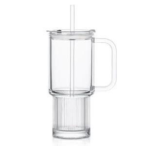 KEMORELA 26oz Ribbed Glass Mug with Handle and Lid – Large Clear Tumbler for Iced Coffee, Tea, Smoothies & Hot Drinks, Reusable Glass Cup with Straw, Dishwasher Safe, Travel Friendly