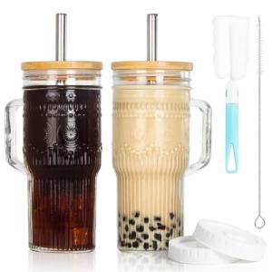 JunVpic Glass Cups with Bamboo Lids and Straws, 22oz Glass Tumbler with Handle, Stainless Steel Straws & Cleaning Brushes – Boho Pattern Iced Coffee Cup for Smoothies, Tea, and Gifts, Set of 2