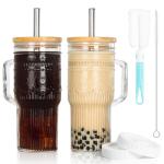 JunVpic Glass Cups with Bamboo Lids and Straws, 22oz Glass Tumbler with Handle, Stainless Steel Straws & Cleaning Brushes – Boho Pattern Iced Coffee Cup for Smoothies, Tea, and Gifts, Set of 2