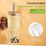 JunVpic Glass Cups with Bamboo Lids and Straws, 22oz Glass Tumbler with Handle, Stainless Steel Straws & Cleaning Brushes – Boho Pattern Iced Coffee Cup for Smoothies, Tea, and Gifts, Set of 2
