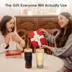 JunVpic Glass Cups with Bamboo Lids and Straws, 22oz Glass Tumbler with Handle, Stainless Steel Straws & Cleaning Brushes – Boho Pattern Iced Coffee Cup for Smoothies, Tea, and Gifts, Set of 2