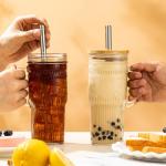 JunVpic Glass Cups with Bamboo Lids and Straws, 22oz Glass Tumbler with Handle, Stainless Steel Straws & Cleaning Brushes – Boho Pattern Iced Coffee Cup for Smoothies, Tea, and Gifts, Set of 2