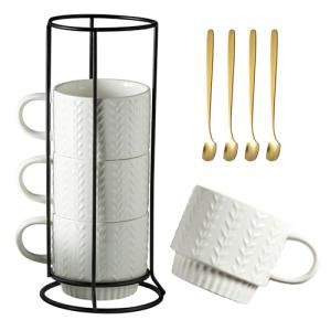 Miamolo Stackable Coffee Mugs, Coffee Mug Set of 4 with Spoons & Stand, 13oz Espresso Cups for Drinks Latte Cappuccino Tea, Coffee Cup for Housewarming Birthday Gift, Dishwasher Safe, White