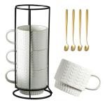Miamolo Stackable Coffee Mugs, Coffee Mug Set of 4 with Spoons & Stand, 13oz Espresso Cups for Drinks Latte Cappuccino Tea, Coffee Cup for Housewarming Birthday Gift, Dishwasher Safe, White