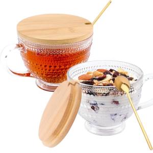 Glass Vintage Latte Mugs Set of 2, 16oz Large Clear Glass Embossed Coffee Mug Latte Tea Cup with Bamboo Lid and Spoons, Insulated Tea Cups Iced Water Ribbed Glasses Breakfast Cup Set Gift for Family