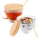 Glass Vintage Latte Mugs Set of 2, 16oz Large Clear Glass Embossed Coffee Mug Latte Tea Cup with Bamboo Lid and Spoons, Insulated Tea Cups Iced Water Ribbed Glasses Breakfast Cup Set Gift for Family