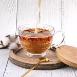 Glass Vintage Latte Mugs Set of 2, 16oz Large Clear Glass Embossed Coffee Mug Latte Tea Cup with Bamboo Lid and Spoons, Insulated Tea Cups Iced Water Ribbed Glasses Breakfast Cup Set Gift for Family